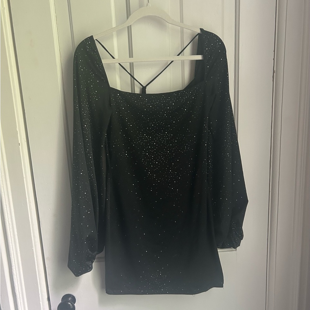 Lucy in the Sky Black Square Neck Sparkle Long Sleeve Dress — Size L